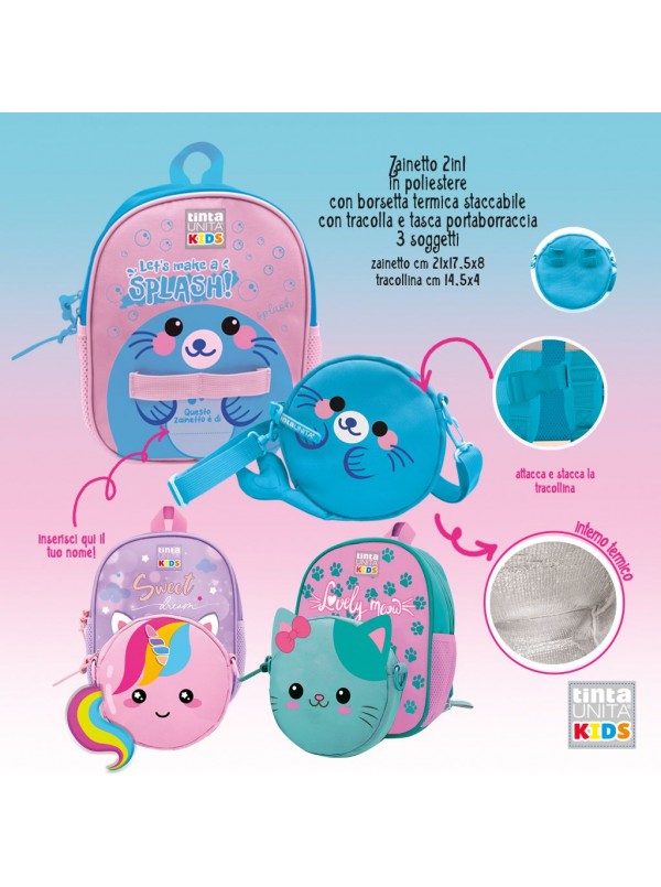 Zainetto Asilo 2 in 1 TintaUnita Kids con Borsetta Termica Staccabile e Porta Borraccia