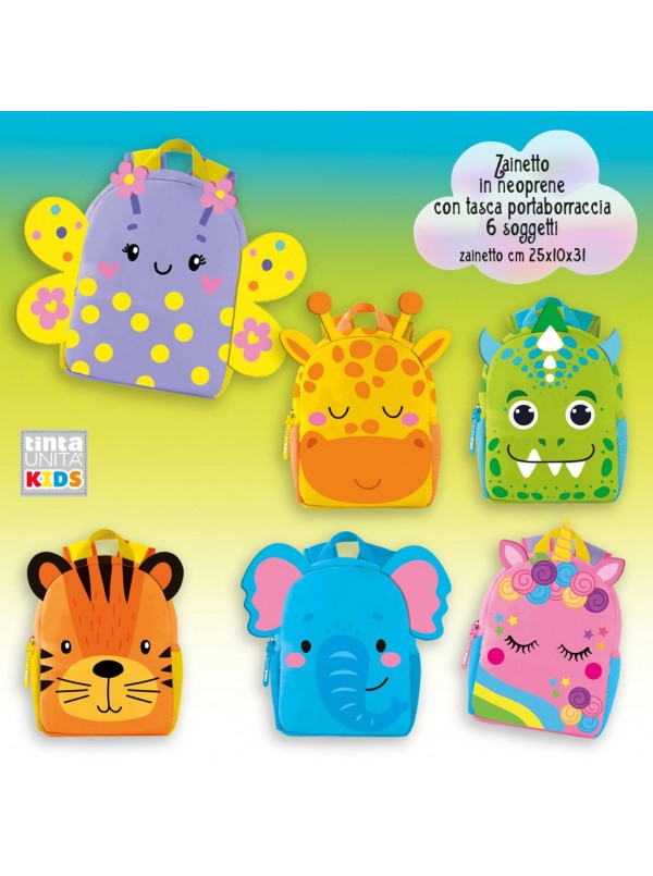 Zainetto Asilo Neoprene TintaUnita Kids 25x31cm: 6 Versioni Animali