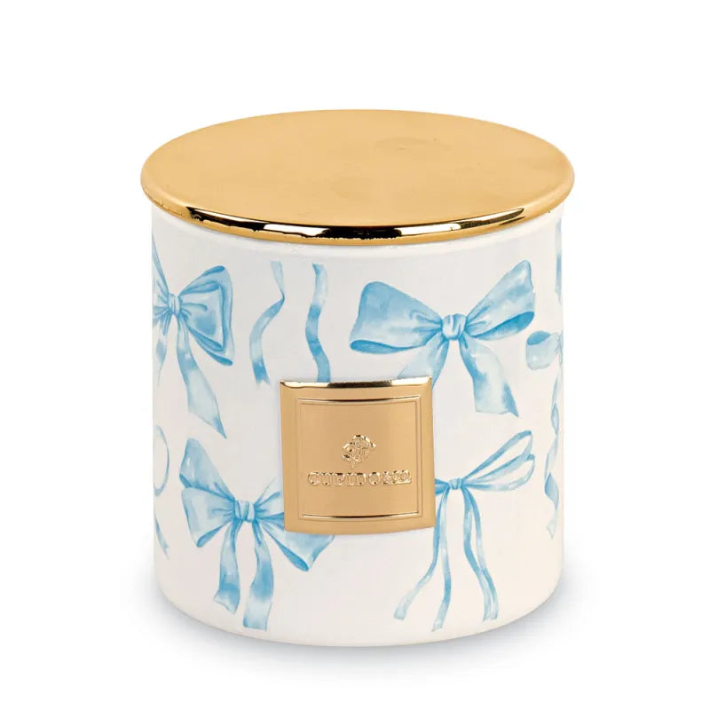 Candela battesimo fiocchi azzurri con coperchio oro